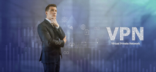 Poster - VPN. Light charts background Vol.1 A man in a business suit in a thoughtful pose. Recycle icon web