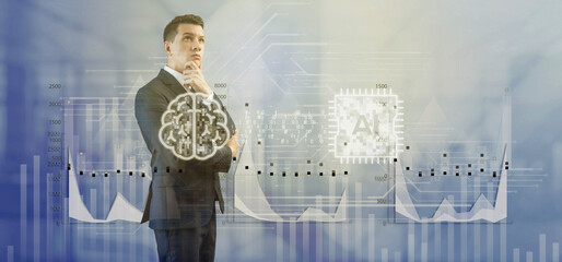 Poster - Gray background. A man in a business suit in a thoughtful pose. Brain connected to AI CPU