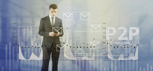 Poster - P2P. A man in a business suit stands tall. He uses a mobile phone. Round from email letters