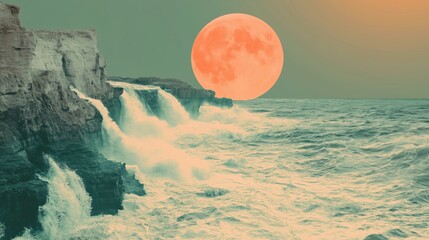 Wall Mural - a scenic view of ocean waves crashing against cliffs with a large full moon in the background.
