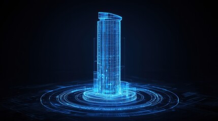 Poster - Futuristic skyscraper in blue holographic design showcasing digital architecture and technology in an abstract virtual environment