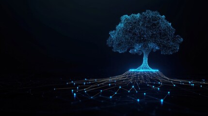 Poster - Digital representation of a futuristic glowing tree symbolizing growth, data connections, and technological innovation against a dark background