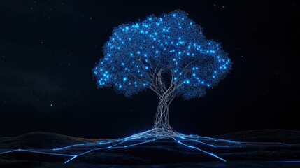 Poster - Enchanted Tree with Glowing Roots and Branches, Illuminated in Blue, Set against a Dark Night Sky with Abstract Digital Elements