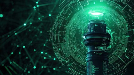 Poster - Futuristic lighthouse emitting green light surrounded by digital graphs and network connections representing technology and innovation in the modern world