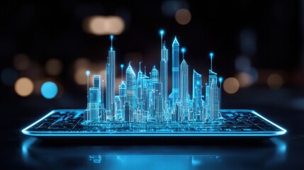 Poster - Futuristic Digital City Model in Vibrant Blue Light on a Technology Device, Illustrating Advanced Urban Development and Smart City Concepts