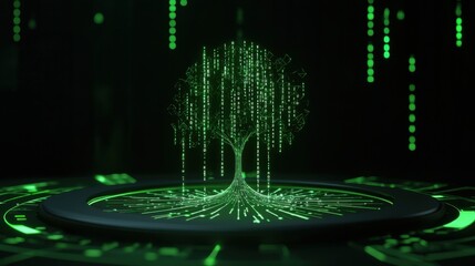 Poster - Digital Tree with Binary Code Growth in Futuristic Green Matrix Environment Representing Technology and Nature Harmony for Innovative Designs