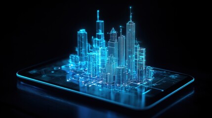 Poster - Futuristic smartphone displaying a holographic city skyline with glowing blue digital buildings and advanced technology visualizations