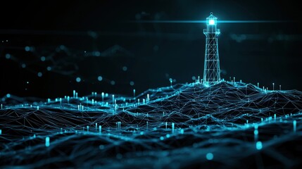Poster - Futuristic Digital Landscape with Lighthouse Illuminating Waves in a Network of Brightly Colored Lines and Nodes Against a Dark Background