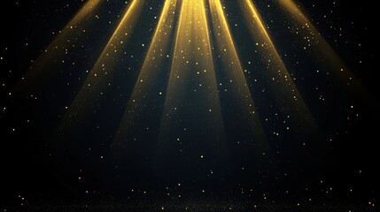Poster - golden light rays on dark background with sparkling dust particles creating a magical and enchanting