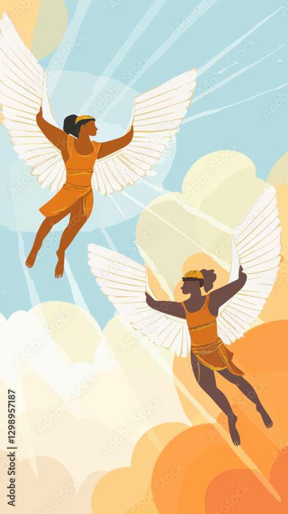 Minimalist Vector Illustration of Daedalus and Icarus Flying with Wings ...