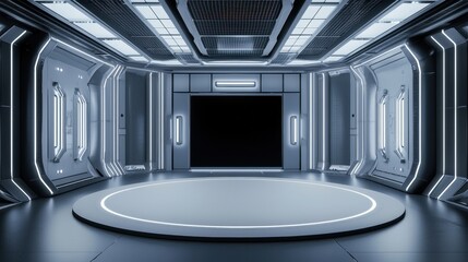 Poster - Futuristic empty showcase room with glossy walls, modern lighting, and circular display area ideal for technology presentations or virtual reality environments