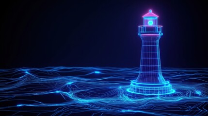 Poster - Futuristic Neon Lighthouse in a Digital Ocean with Glowing Waves and High-Tech Abstract Design for Modern Concepts and Illustrations