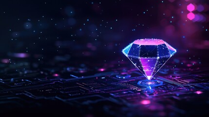 Poster - Futuristic Digital Diamond on a Circuit Board with Glowing Particles and Colorful Lights in a High-Tech Abstract Environment