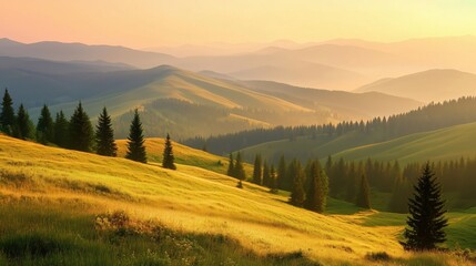 Wall Mural - a beautiful view of rolling hills and pine trees during a golden sunset.