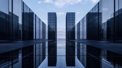 Poster - Modern Architectural Design with Glass Facades and Reflective Surfaces Under Clear Blue Sky in Urban Environment