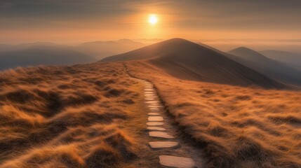 Wall Mural - A beautiful mountain path leading towards the sunset with golden grass and distant hills.