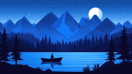 Wall Mural - a silhouette of a person in a boat on a calm lake surrounded by mountains under a starry sky.