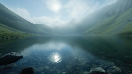 Wall Mural - A tranquil mountain lake surrounded by misty hills and lush greenery.