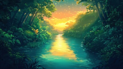 Wall Mural - a tranquil river surrounded by lush greenery and illuminated by a golden sunset.