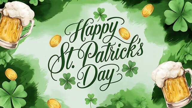 Happy St. Patrick’s Day Poster Background with Lush Green Clover Leaves for Festive Designs, Happy St. Patrick's Day
