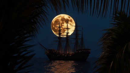 Wall Mural - a majestic ship sailing under a bright full moon, framed by palm leaves at night.