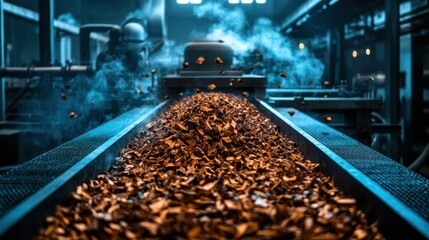 Poster - Industrial metal scrap flowing on conveyor belt in modern factory, showcasing manufacturing process with vibrant lighting and steam effects