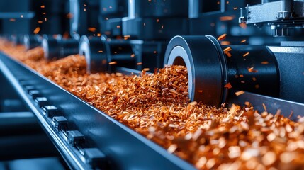 Poster - Industrial process of copper shavings flowing on conveyor belt in factory setting with dynamic sparks and metallic textures for manufacturing visuals