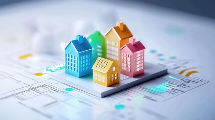 Poster - Colorful Miniature Houses on a Financial Market Chart Displaying Real Estate Trends and Data Insights in a Creative Representation of Housing Investment