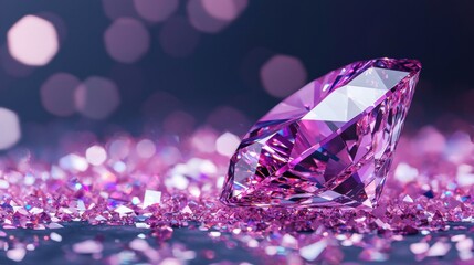 Poster - elegant pink diamond on shiny surface surrounded by sparkling pink gems with soft bokeh background f