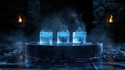 Poster - Chilling Blue Ice Cubes with Frosty Vapor Surrounded by Dark Stone Walls and Flickering Flames in a Mysterious Environment