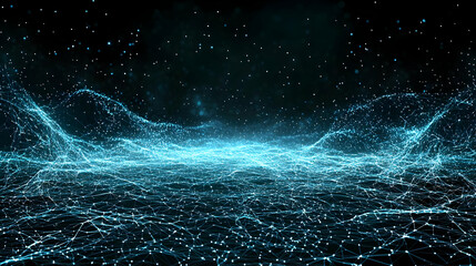 Abstract Blue Digital Network With Glowing Particles And Futuristic Design Against Dark Background