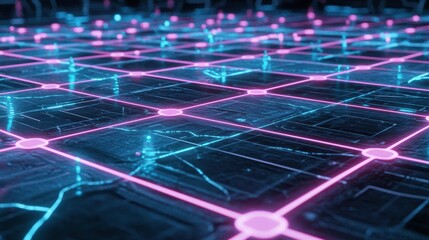 Poster - Futuristic Neon Grid with Glowing Lines and Digital Patterns for Technology and Cyber Aesthetic Backgrounds