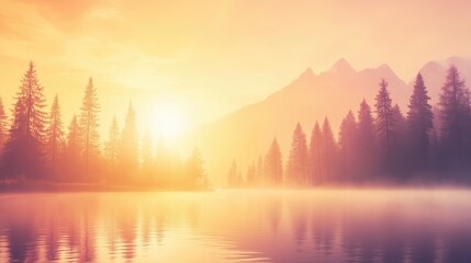 Wall Mural - a serene sunrise illuminating a misty lake surrounded by tall pine trees and mountains.