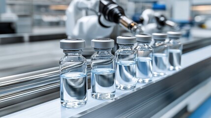 Poster - Vials are transported on a conveyor belt in an industrial plant, showcasing stainless steel packaging and bright orange caps