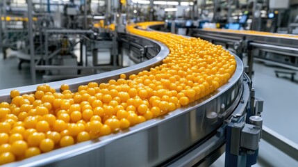 Poster - Vials are transported on a conveyor belt in an industrial plant, showcasing stainless steel packaging and bright orange caps