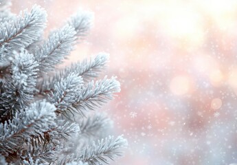 Poster - Frost-covered pine branches contrasting against a pastel winter background with soft bokeh and falling snowflakes creating a serene seasonal atmosphere