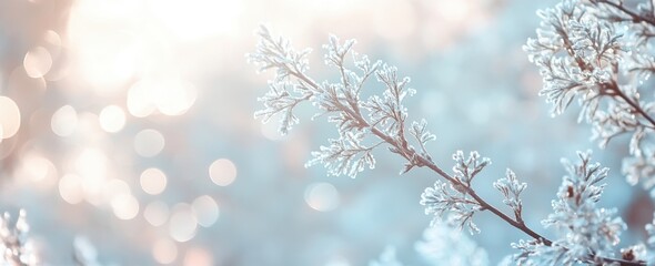 Poster - Frosty Branches Glistening Under Soft Light in Winter Wonderland with Gentle Bokeh Effect Capturing the Serenity and Beauty of Seasonal Change
