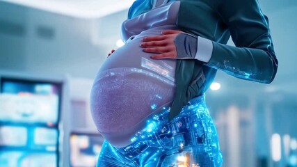 Poster - A futuristic representation of bioengineering features a robotic figure with a digitally enhanced pregnant belly, illustrating advanced technology in surrogate prenatal care.