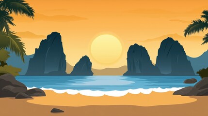 Wall Mural - a serene sunset view over a tropical beach with silhouettes of mountains and palm trees.
