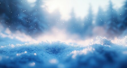 Poster - Frosty Morning Landscape with Sparkling Snow and Soft Blue Hues Surrounded by Evergreen Trees in a Winter Wonderland Setting