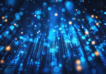 Poster - Futuristic Abstract Background with Glowing Particles and Lines Representing Digital Data Flow in Blue and Orange Hues for Technology Concepts