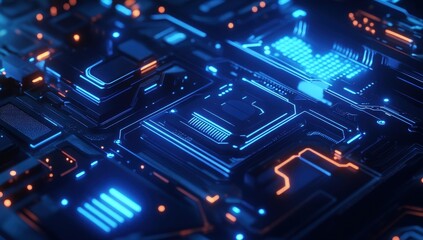 Poster - Futuristic Abstract Circuit Board Design Featuring Neon Blue and Orange Lights with Digital Patterns and Complex Electronic Components