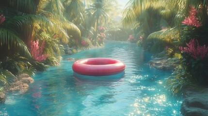 Wall Mural - A serene tropical river surrounded by lush greenery and vibrant flowers, featuring a pink float.
