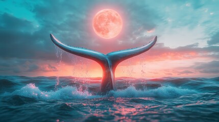 Wall Mural - a whale tail emerging from the ocean under a full moon at sunset.
