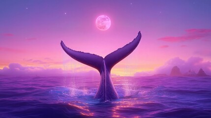 Wall Mural - a whale tail emerging from the ocean at sunset with a vibrant purple sky.