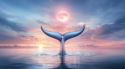 Wall Mural - a majestic whale tail emerging from the ocean at sunset, with a glowing moon in the background.