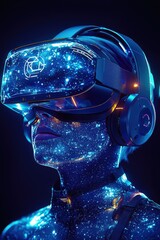 Poster - Blue virtual reality headset displaying cosmic and futuristic digital imagery