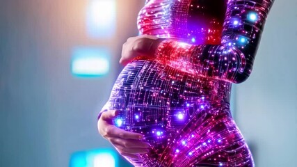 Poster - A pregnant individual stands in a high-tech setting, showcasing bioengineered technology.