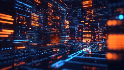 Aufkleber - Futuristic Data Flow in a Digital Environment with Glowing Orange and Blue Lights Seamlessly Syncing Across a 3D Network Structure of Information Grids