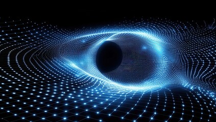 Poster - Futuristic Digital Eye Surrounded by Blue Light Grids and Waves in a Abstract Technology Inspired Concept of Vision and Perception